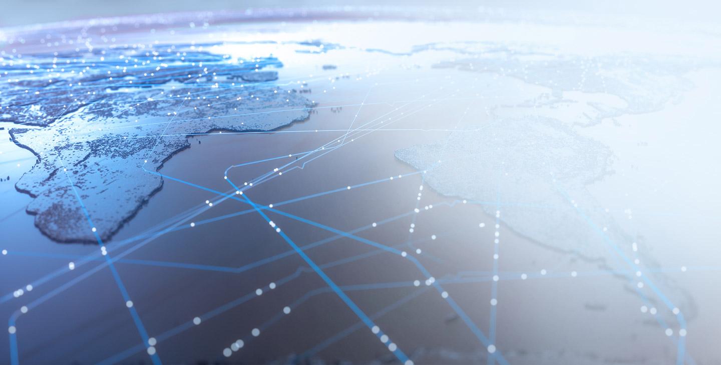 Artistic graphic of a close-up view of the world, wtih light streams demonstrating managed wireless networks